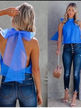 NWT Vici Collection Wondrous Backless Halter Organza Bodysuit Royal Blue Large